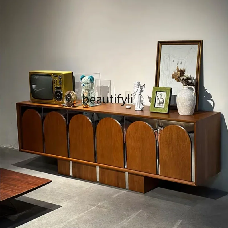 

Medieval simple modern solid wood dining side cabinet household arch against the wall porch locker