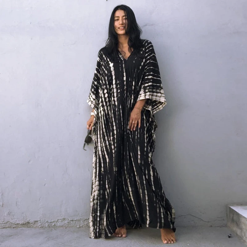 2023 Rayon Beach Smock Maxi Dress Elegant Fashion Holidays Party Female Long Dress Tie-Dye Batwing Sleeve​ Bohemian Sundress New