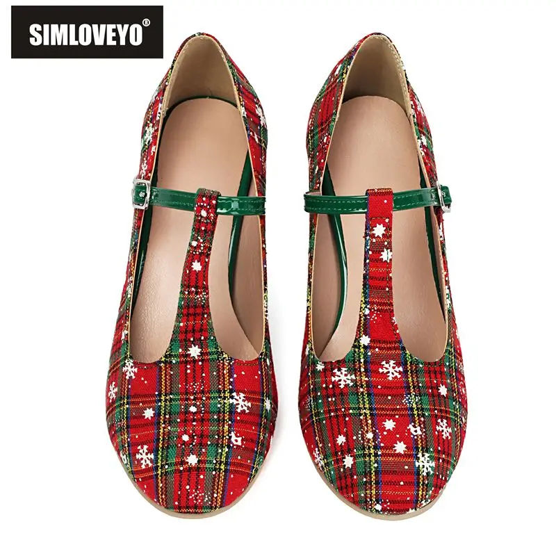 

SIMLOVEYO Brand Red Women Pumps Round Toe 7.5cm Block Heel Buckle Strap Sweet Party Shoes Oversize 41 42 43 Autumn