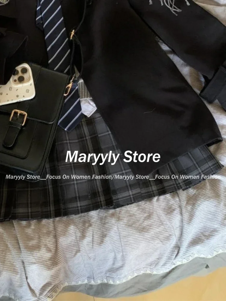 الكورية نمط Preppy ملابس النساء 3 قطعة مجموعة أنيقة طويلة الأكمام دعوى معطف + قميص بولو سليم + Y2k منقوشة تنورة صغيرة Jk Clohing