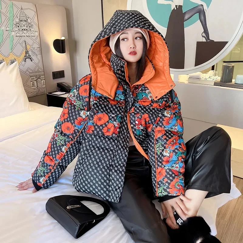 

Pop New Down Cotton-Padded Jacket Printed Hooded Thickened Loose Warm Padded Jacket Female Winter Flower Cotton-Padded Jacket