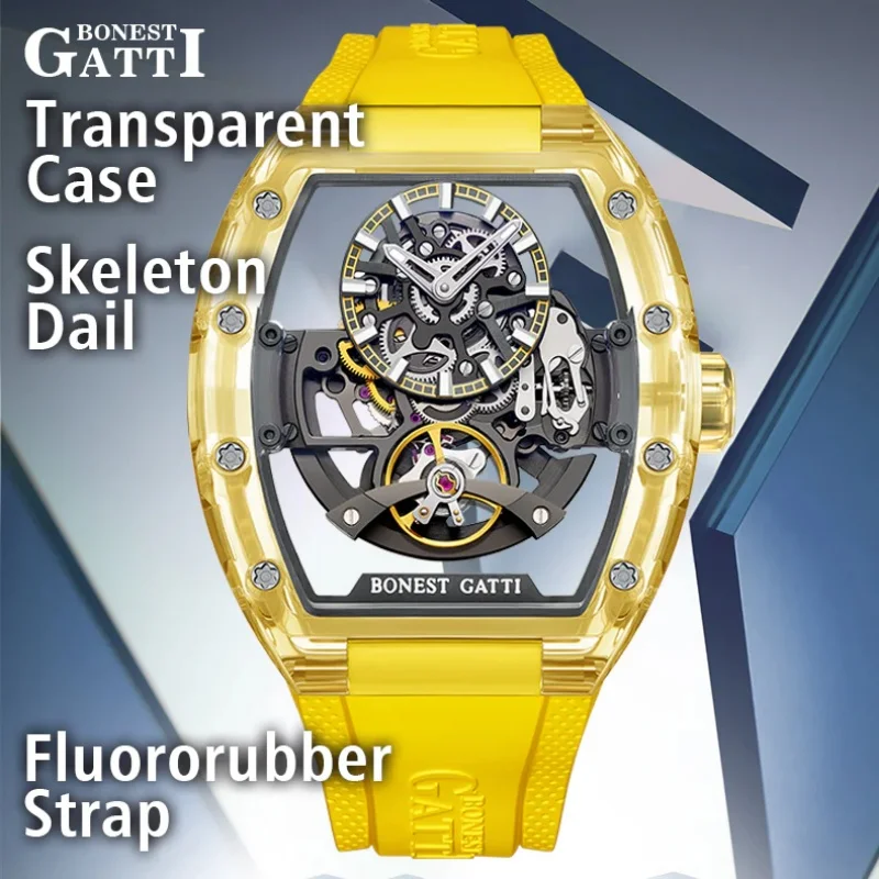 

BONEST GATTI New Top Brand Men's Mechanical Wristwatch Men Automatic Watch Tonneau Crystal Case Rubber Strap Watches For Men