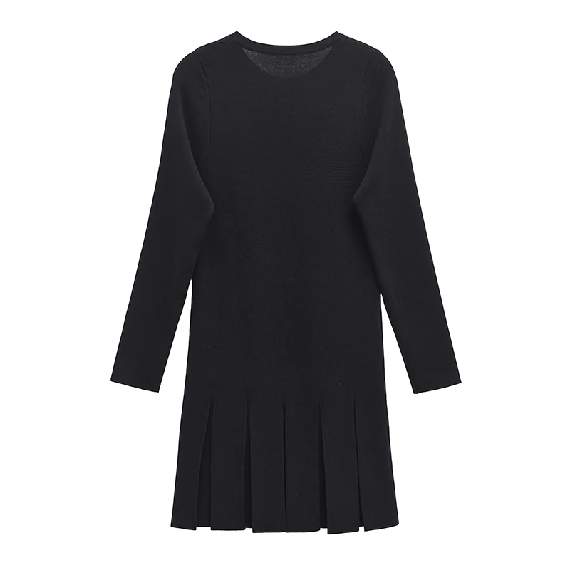 High Street Women Long Sleeve O Neck  Pleated Hem Short Knit Dress Front Patch Pockets With Button Autumn Black Dresses