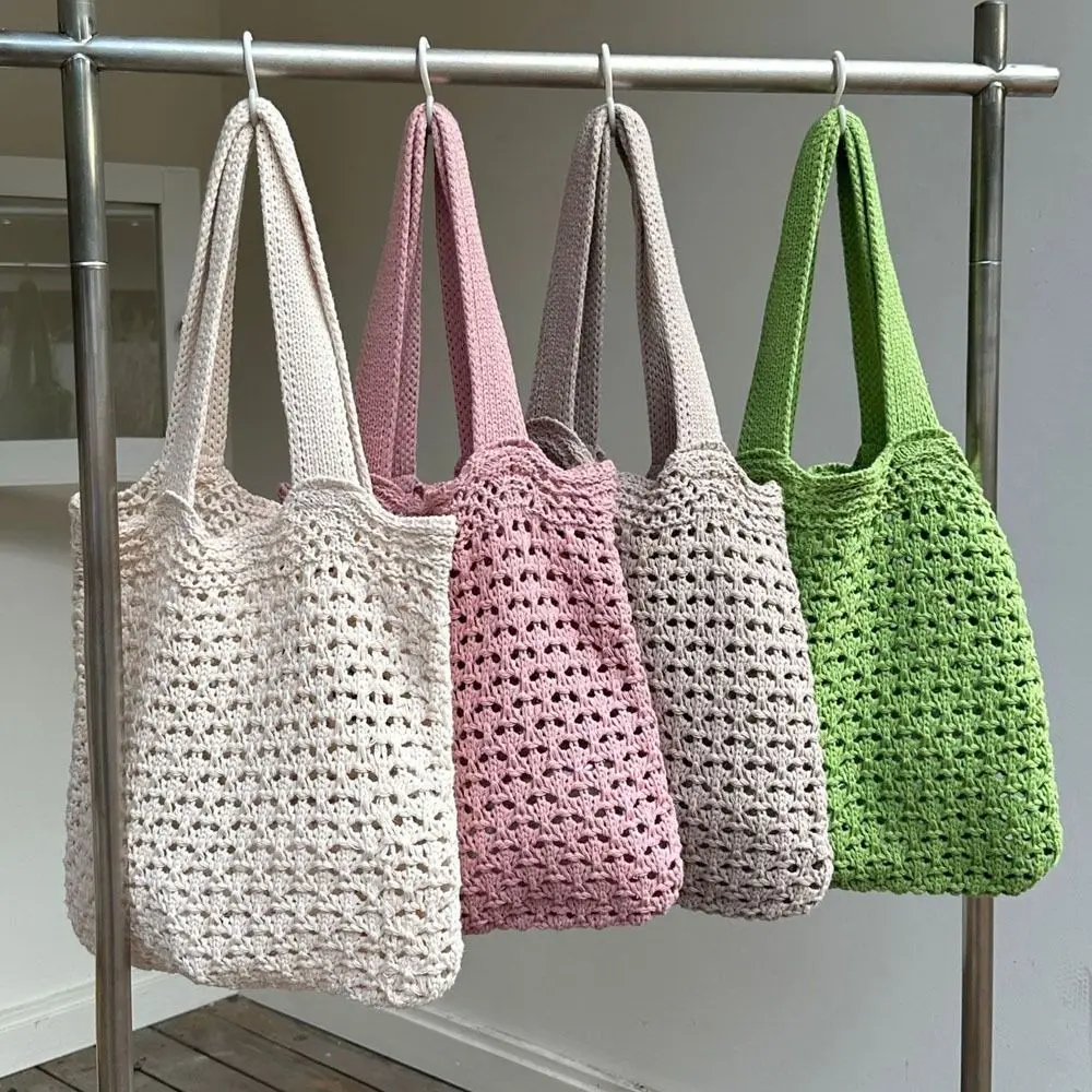 Women Large Capacity Knitted Shoulder Bags Retro Hollow Woven Knitted Braid Shopping Tote Shopper Bags  Crochet Handbags