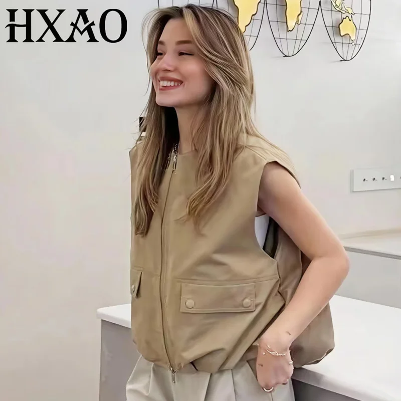 

HXAO Crop Ruffled Waistcoat Women's Vest Autumn Black White Khaki Grey Green Outerwears Female Zip Up Sleeveless Big Size Vests