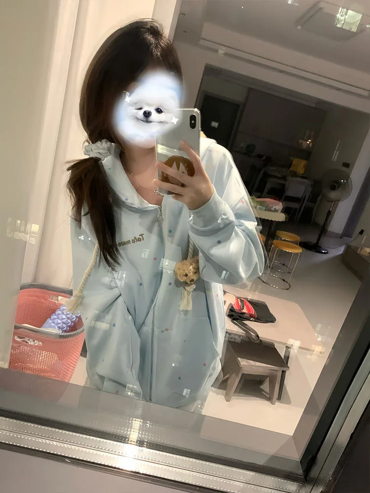 عارضة نمط البولكا نقطة الدب طباعة البلوز أوائل الخريف جديد الهيب هوب كسول أعلى طويلة الأكمام بولو طوق آخر النسيج السيدات Sw...