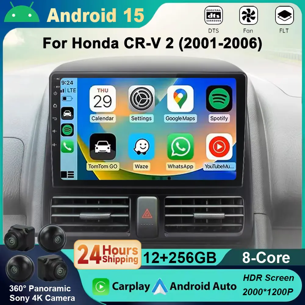 Android 15 2K QLED car For Honda CR-V 2 CRV 2001-2006 CarPlay GPS Video Autoradio Navigation Stereo Radio DVD 5G WIFI BT DSP