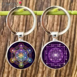 Metatron Cube Pendant Keychain for Men Women Sacred Geometry Sri Yantra Life Flower Glass Photo Handmade Key Ring