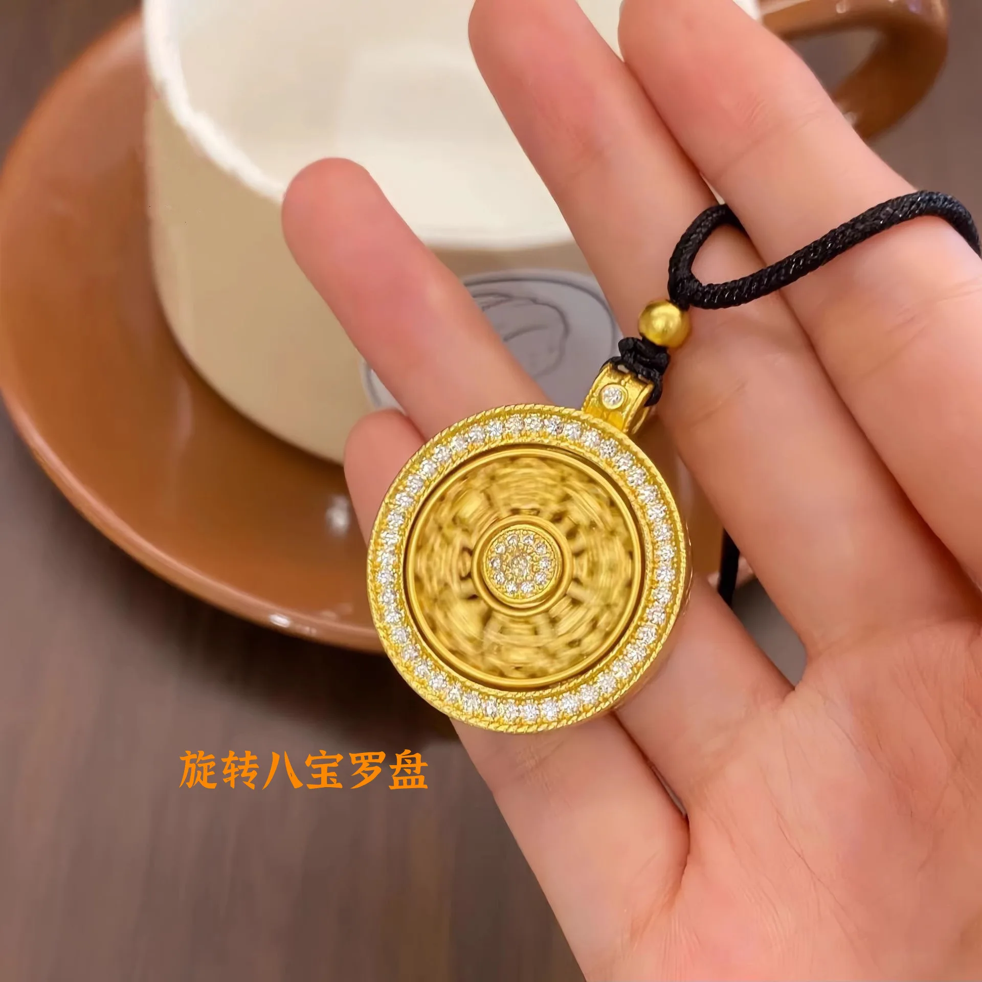 Eight treasures compass symbolizes all-round good luck, this women necklace made with AU999 24K pure gold solid relief diamond
