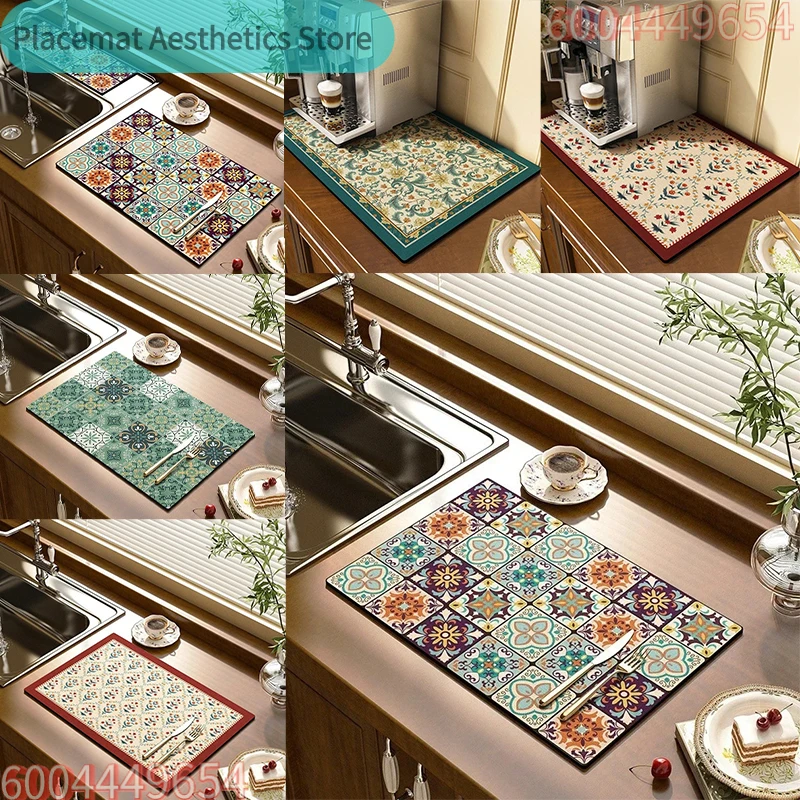 Kitchen Tableware Drain Mat Printed Coffee Machine Drain Pad Countertop Absorbent Draining Mats Placemat Dinnerware Table Decor