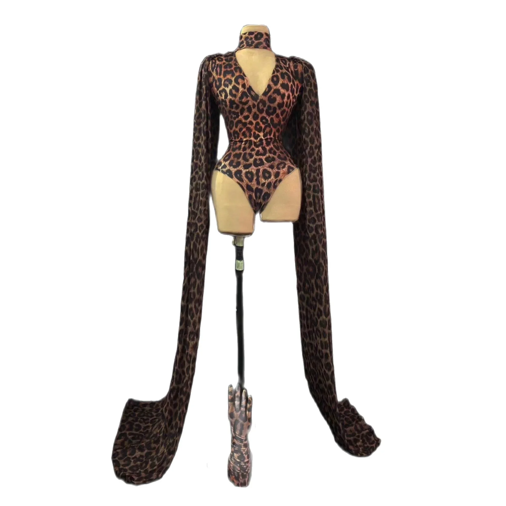 

Sexy Bodysuits For Women Stage Perform Costume Carnival Drag Queen Outfits Leopard V-Neck Long Sleeves Party Prom Clothing