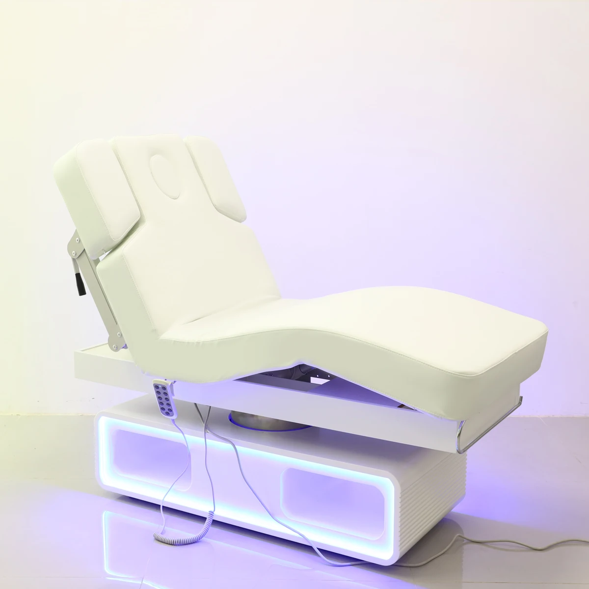 Luxury Electric Facial Bed White PU Single Cylinder Base LED Ambient Light Storage Cavity Adjustable Reclining Massage Table for