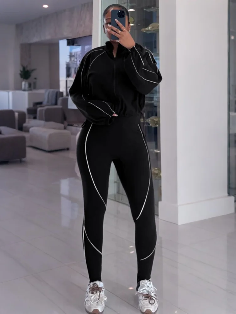 Women 2 Piece Workout Set Zip Up Cropped Jacket High Waist Leggings Long Sleeve Slim Fit Activewear Gym Sport Tracksuit Outfit