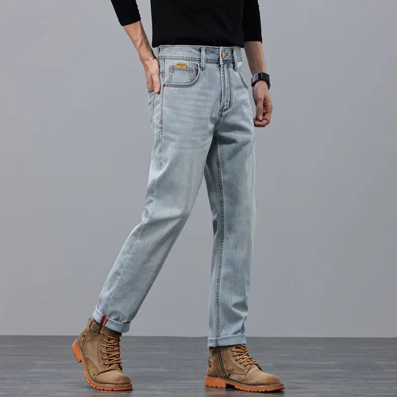 Men's Slim Fit Jeans Small Straight Leg High-quality Simple Pants American Style Big Cow Light Luxury Fit
