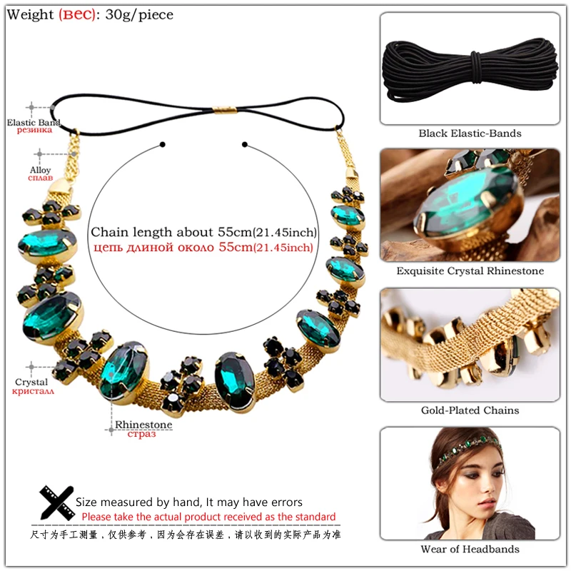الأخضر حجر الراين رئيس سلاسل عقال مطاطا قابل للتعديل هيرباند الزفاف الزفاف الشعر التبعي كريستال خوذة الشعر الحلي #6