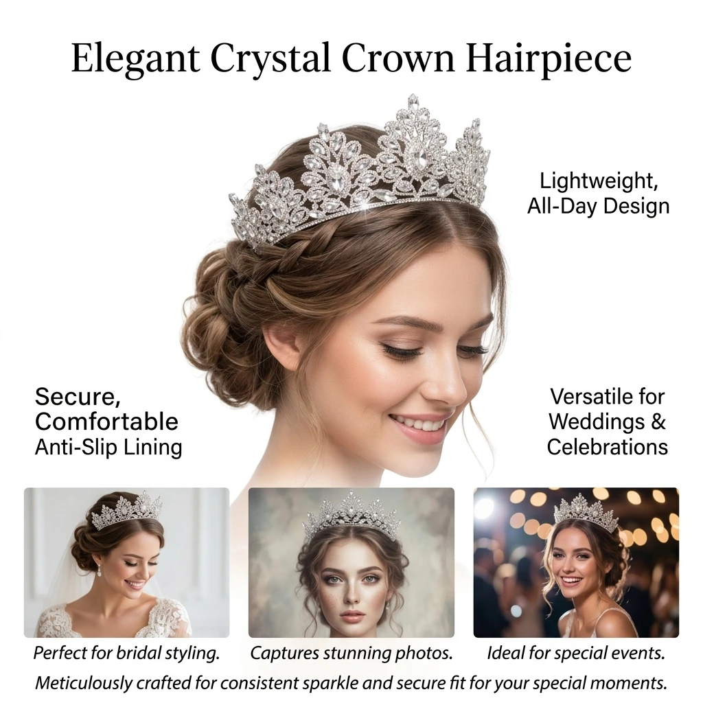Bridal Rhinestone Crown Hairpiece for Wedding Dress Accessories with Alloy Base Crystal Embellishment view 5