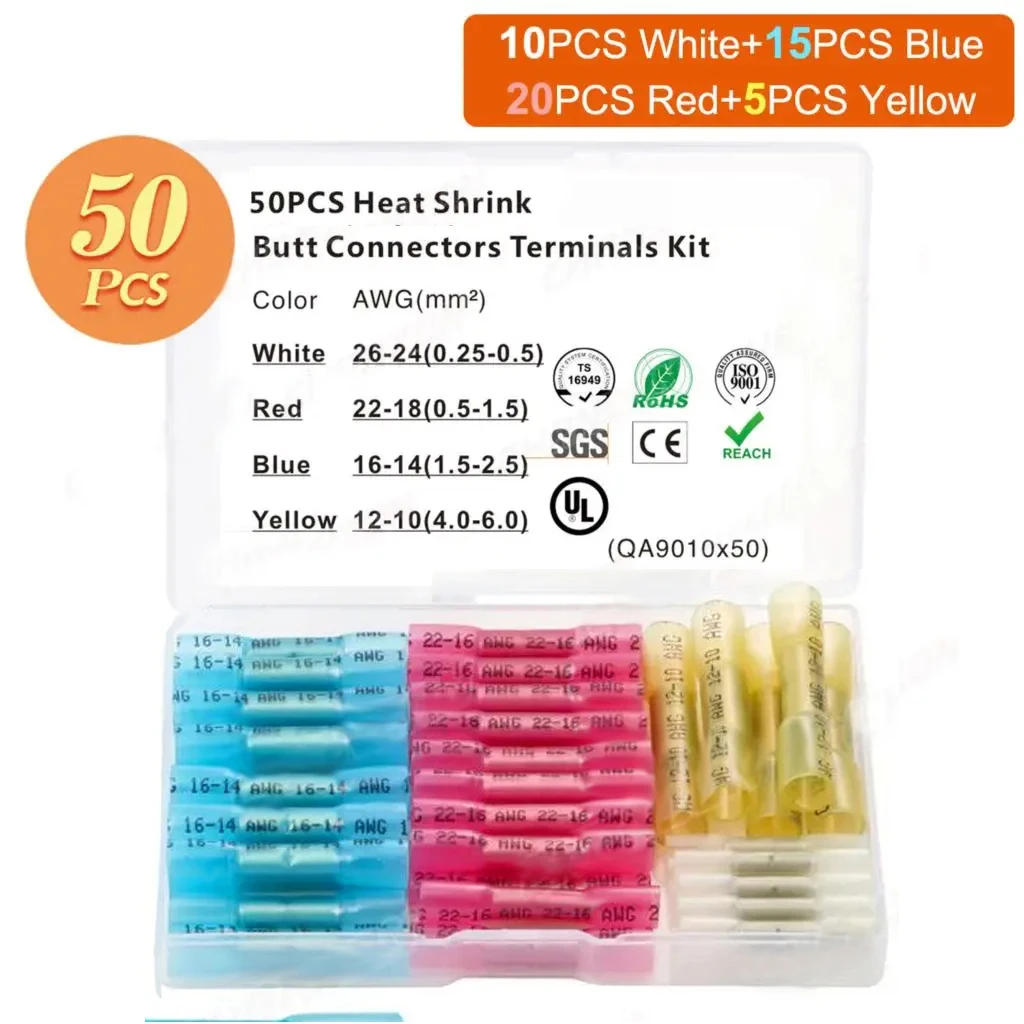 50/90/130 Heat Shrink Butt Wire Connectors Kit Waterproof Shrinkable Solder Crimp Splice Electrical Cable Joint Tube Terminals