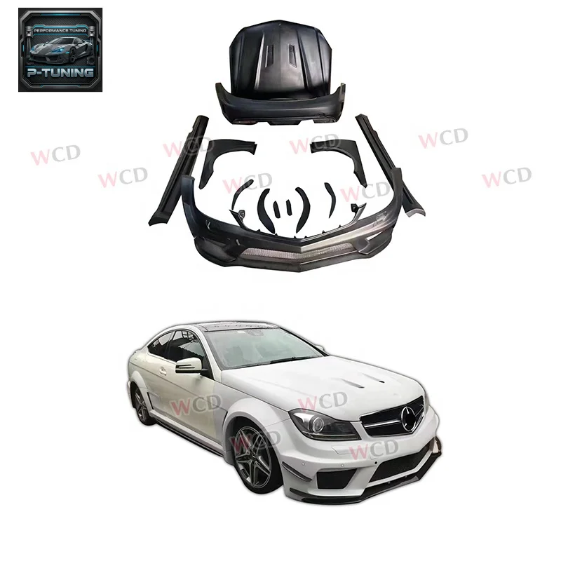 

FRP Wide Body Kit for Mercedes Benz C-Class W204 C63 C200 C300 Black Series Style Front Bumper Side Skirts Fender Hood Rear bar