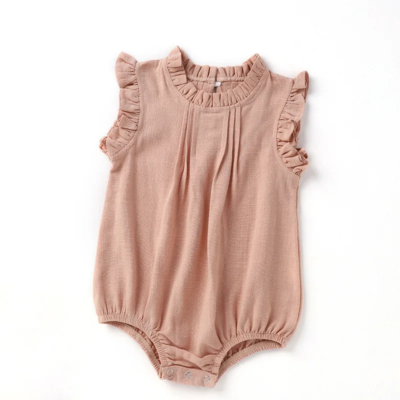 Hot Style Baby Romper Suit New Pure Color Sleeveless Climb Clothes Lace Breathable Linen Garment Girl Children\'s Clothing