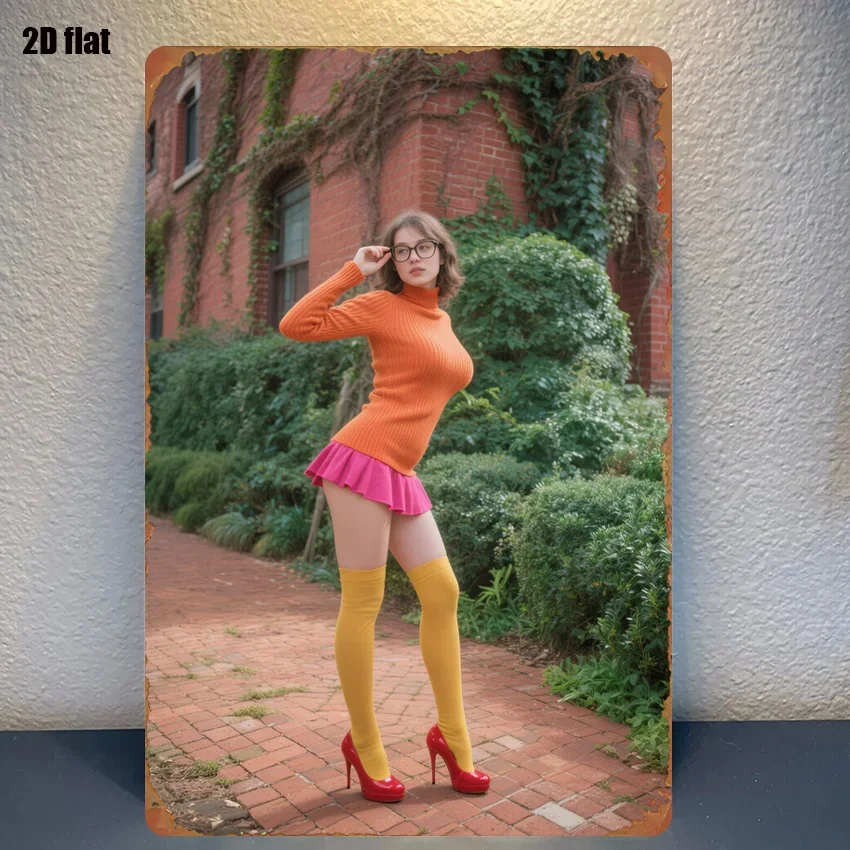 1 pieza de vestido retro naranja con falda rosa y calcetines altos amarillos, tacones altos rojos, fondo de edificio de ladrillo rojo y verde.
