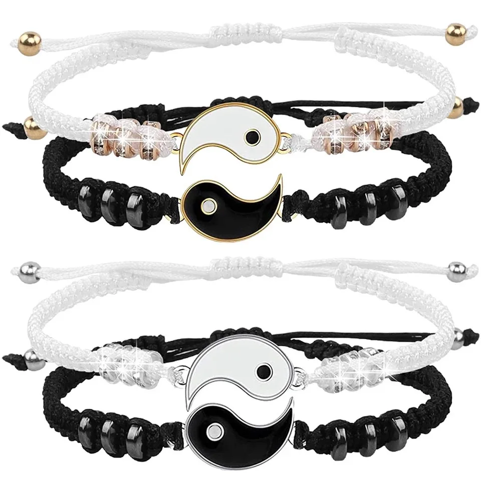 2Pcs Black White Tai Chi Bracelet Set For Women Men Rope Adjustable Chain Bangle Couple Fashion Friendly Daily Wear Jewelry