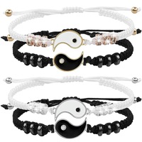 2Pcs Black White Tai Chi Bracelet Set For Women Men Rope Adjustable Chain Bangle Couple Fashion Friendly Daily Wear Jewelry