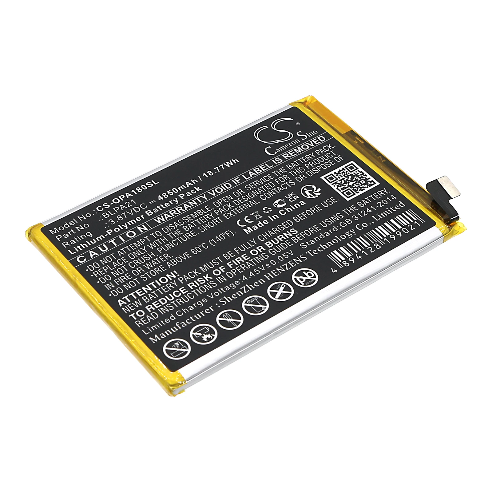 

Li-Polymer Mobile, SmartPhone Battery for OPPO, 3.87V 4850mAh, Compatible Models: A18,CPH2591