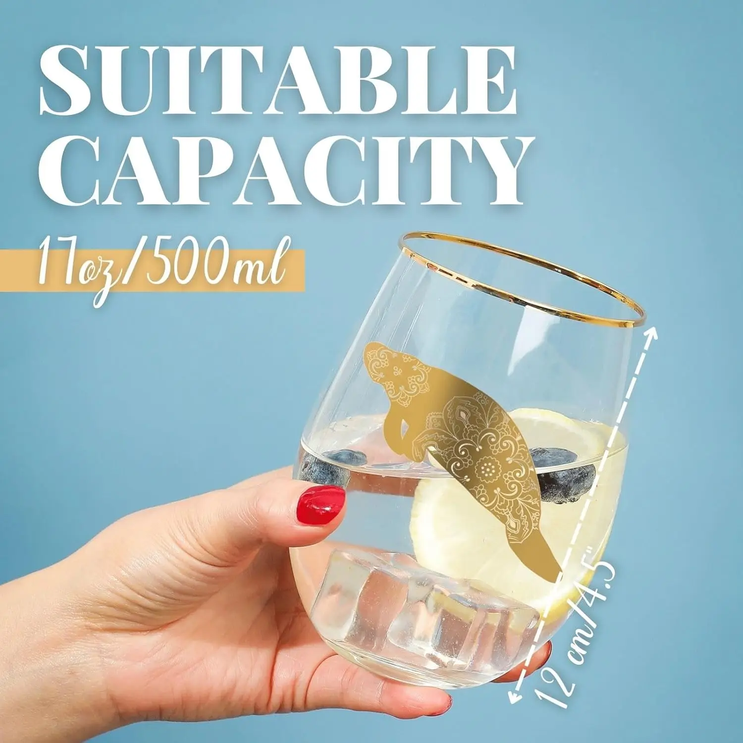 هدايا خروف البحر، هدايا عشاق المحيط، حيوانات ماندالا، كأس نبيذ بدون جذع سعة 17 أونصة مع نمط ختم الرقائق المعدنية