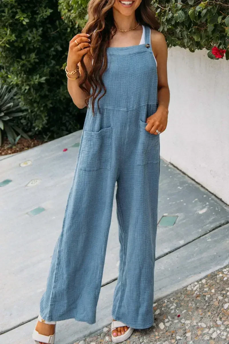 

Women's Summer New Fashion Casual Solid Color Suspenders Square Collar Sleeveless Baggy Romper with Pockets Wide Leg Pants Y2k