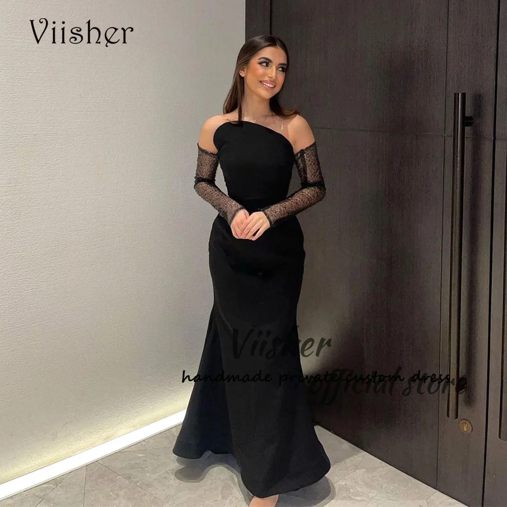 

Viisher Black One Shoulder Evening Dresses Sequins Sleeve Mono Satin Long Prom Party Dress Floor Length Dubai Formal Gowns