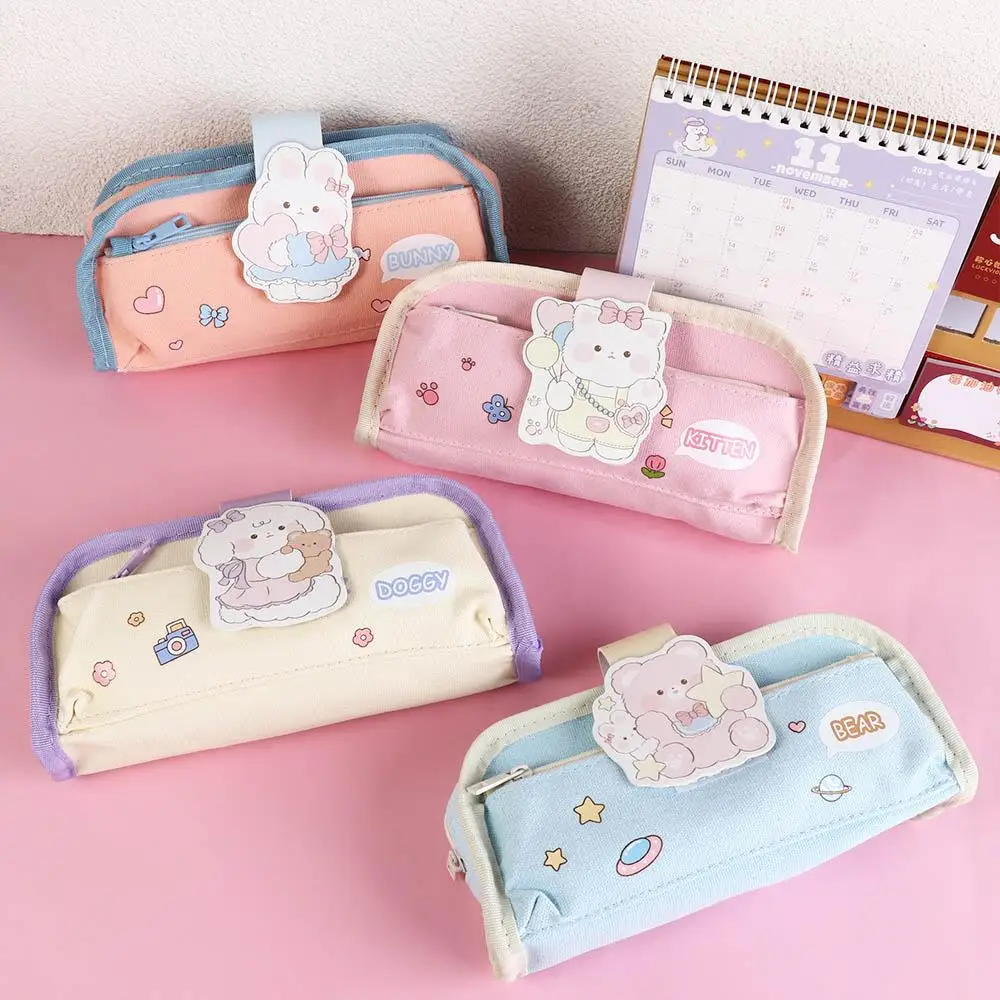 Cartoon Pet Pattern Desktop Storage Pouch Large Capacity Multi-layer Pencil Holder Korean Style Canvas Pencil Pouch