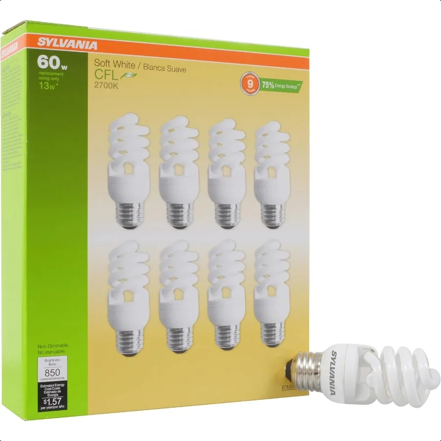 

CFL T2 Twist Light Bulb 60W Equivalent Efficient 13W 850 Lumens Medium Base 2700K Soft White 8 Pack 26363