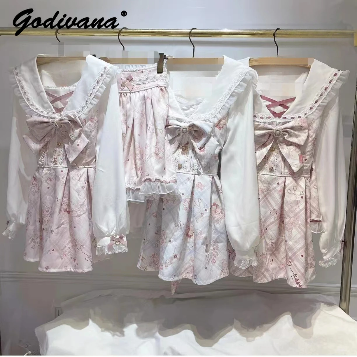 Japanese Style Liz Sweet Long Sleeve Bow Lolita Princess Dress and Shorts Set New Spring and Autumn Sailor Collar Printed Dress