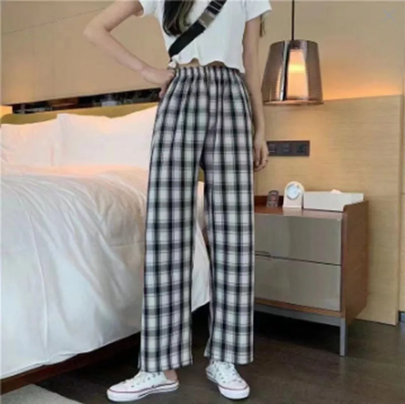 Summer Fashionable Suit For Women Black And White Light Green Pink Blue Long Ankle-Length Trousers With Plaid Wide Leg Pants