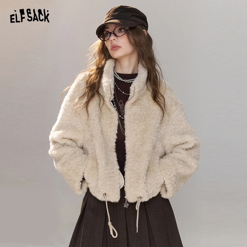 ELFSACK Women's Fuzzy Stand Collar Cropped Jacket, Cozy Long Sleeve Outerwear for Winter