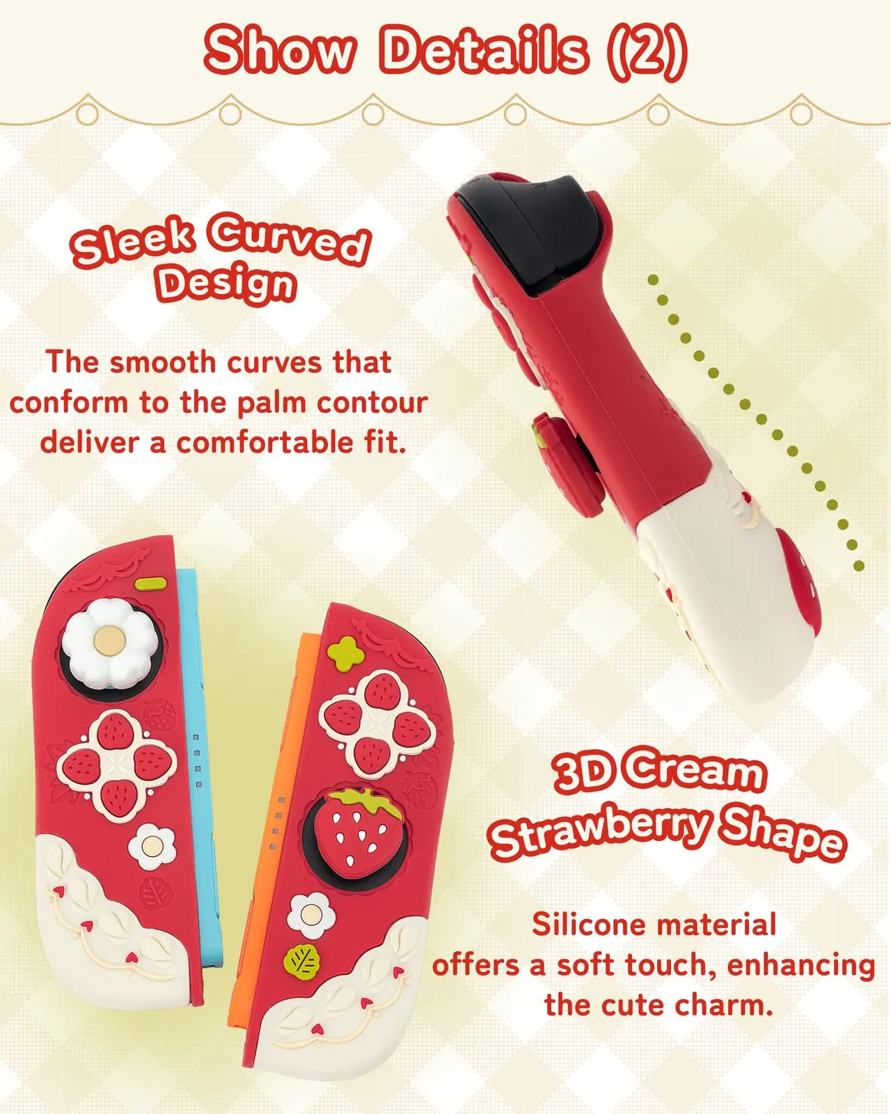 Fotografia 3: Geekshare primavera morango silicone capa protetora e capa joycon para switch 2 com 1 par de apertos de polegar personalizados
