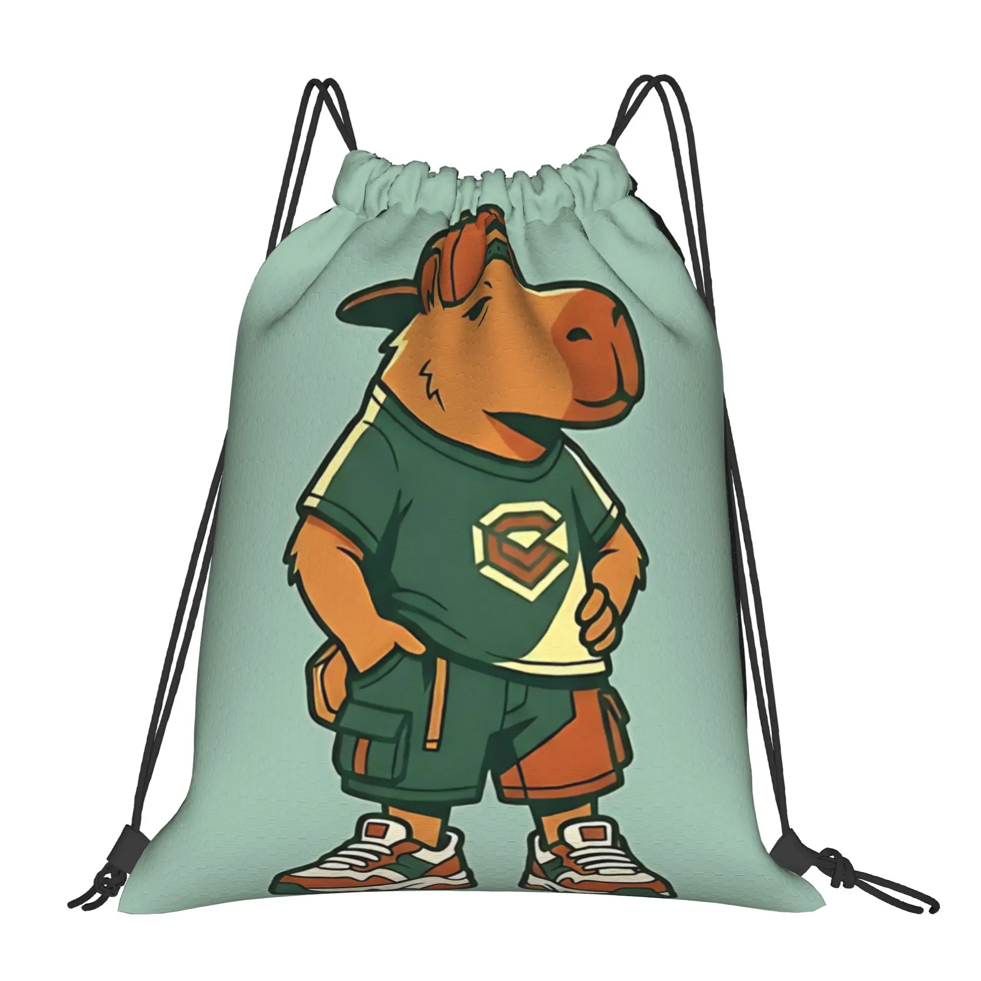 Capybara Cool Dressed Capybara in Retro Portable Hiking Riding Gym Drawstring Storage Sporty Backpacks