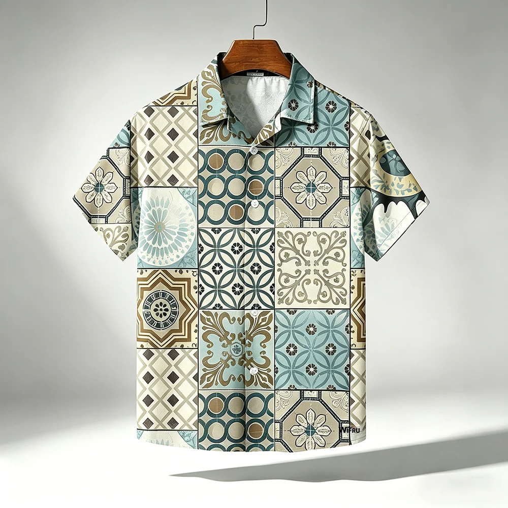 

Vintage Vacation Hawaiian Shirt Geometric Floral Patchwork Print Daily Casual Shirts Summer Men Women Harajuku Short Sleeve Tops