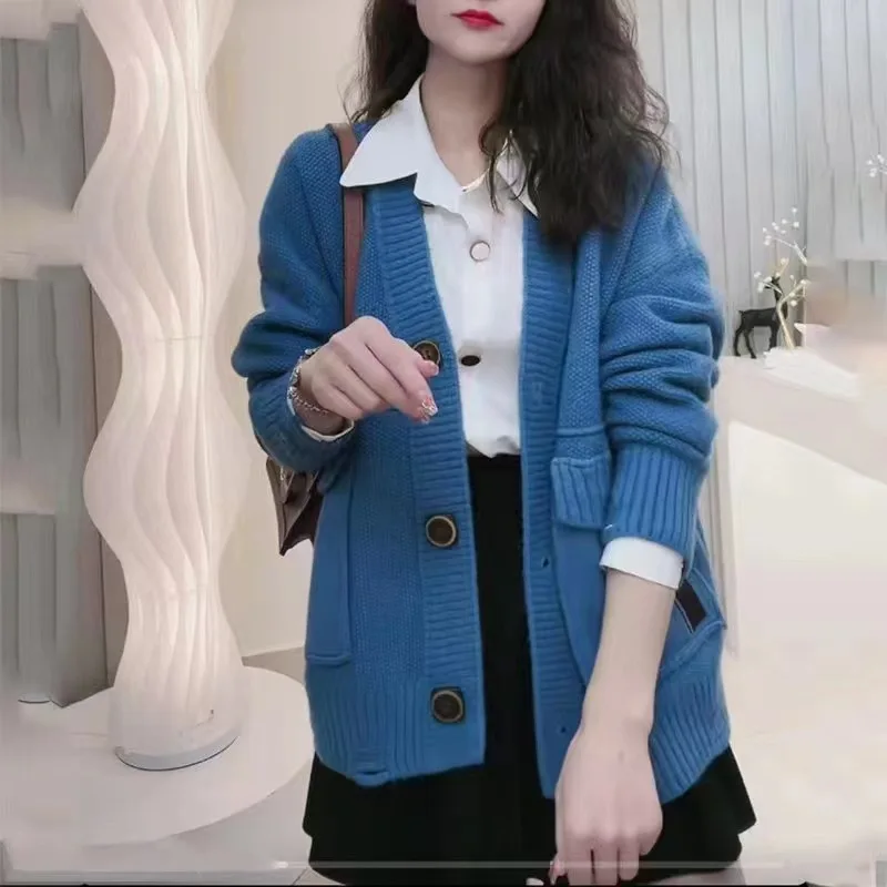 DAYIFUN-Loose Knitted Cardigan Women's,New Autumn,Korean,Solid Sweater,Jacket with Pockets,Female Autumn Tops,Lazy Style,Jumpers