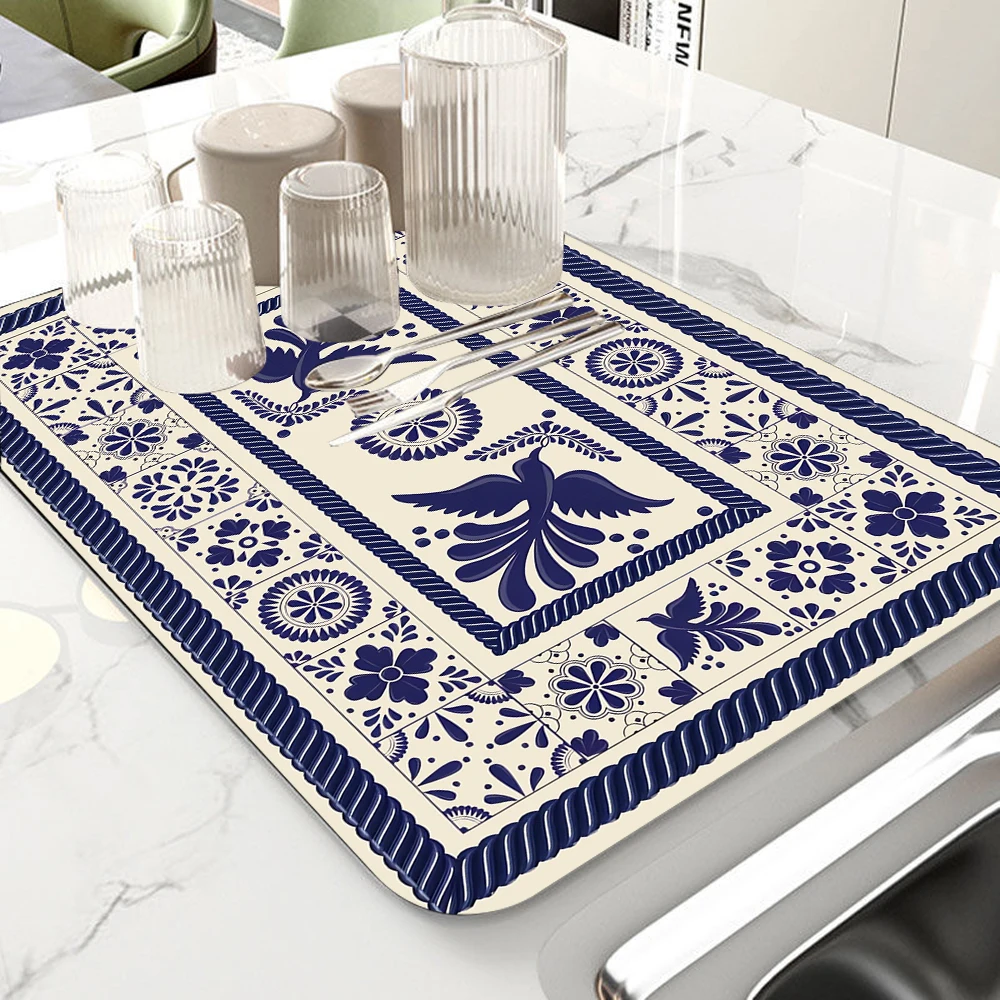 Blaue und weiße Porzellan-Küchenmatte, Kunstdesign, rutschfeste Gummiauflage, super saugfähige, schnell trocknende Geschirr-Trocknungsmatte
