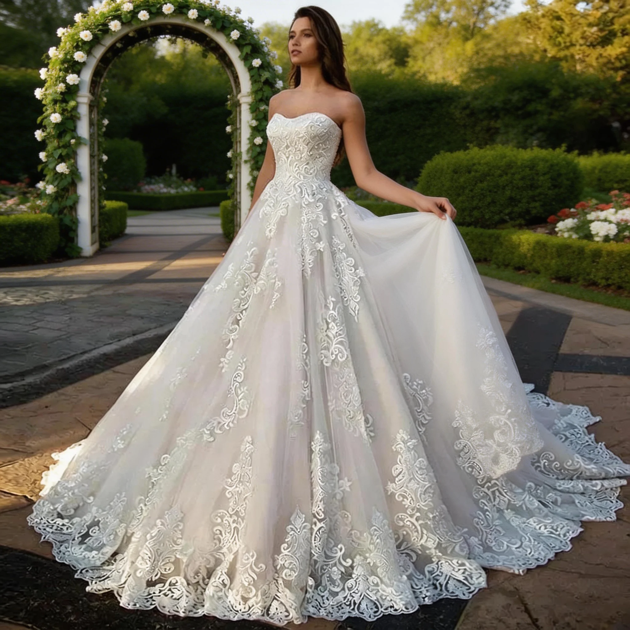 

Elegant Ball Gown Wedding Dress Princess Sleeveless Strapless Lace Applique Bridal Dress for Women's Vestidos De NoviaCustomized