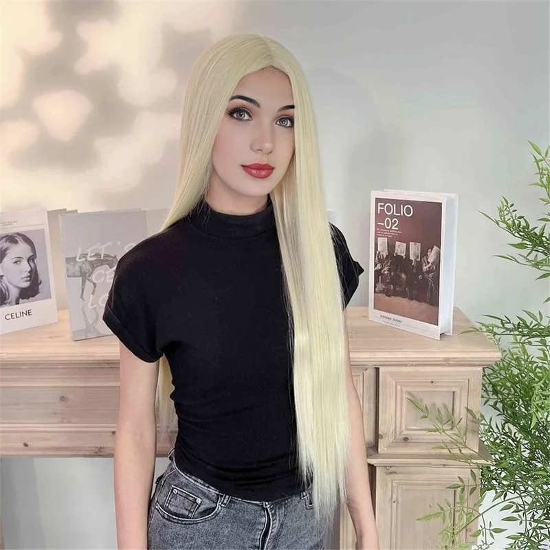 European and American women's light golden long straight wig, hand-woven, realistic front lace synthetic fiber headpiece