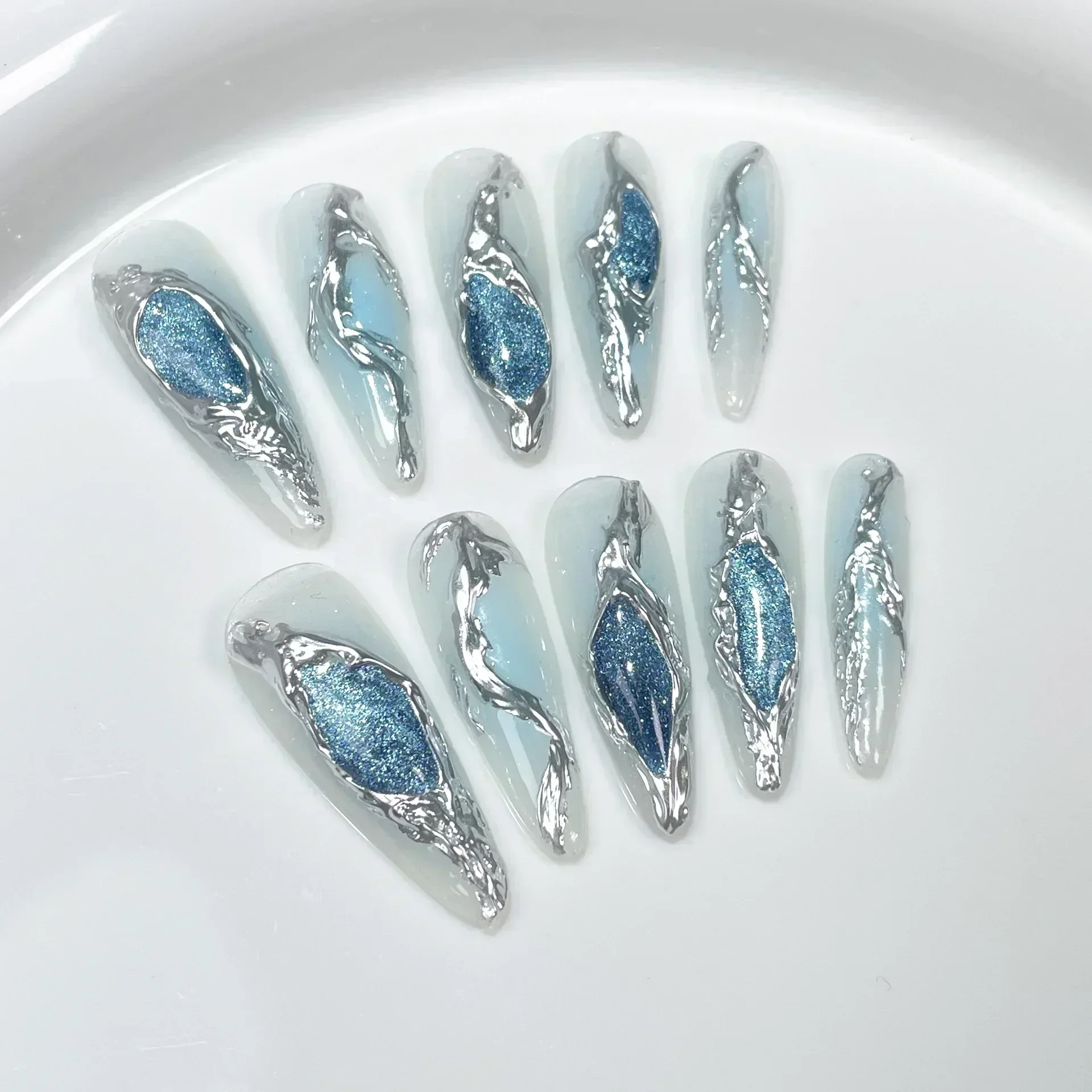 10Pcs Długie migdałowe ręcznie robione naciśnij na paznokcie Motyl Sztuczne paznokcie do noszenia Sztuczne paznokcie Накладные ногти Uñas Postizas — zdjęcie 4