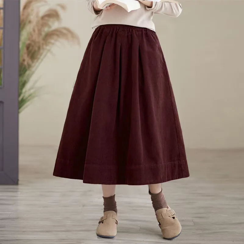 Spring Autumn Arts Style Women High Waist Loose Long Skirt All-matched Casual Cotton Corduroy A-line Skirt Femme Saias