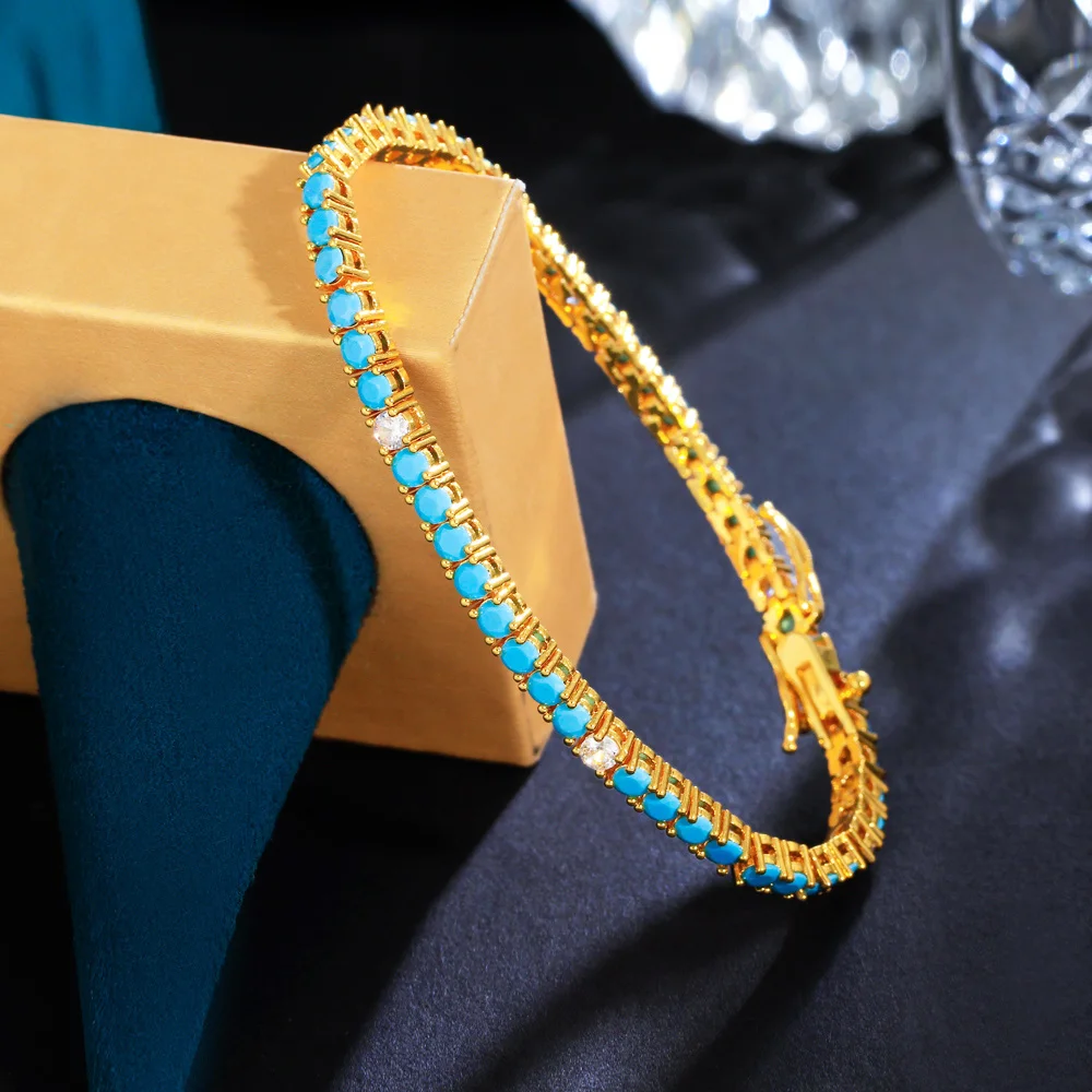 CWWZircons New Fashion 3mm Round Blue Turquoises Stone Classic Tennis Chain Bracelets for Women Girl Gold Plated Jewelry CB337