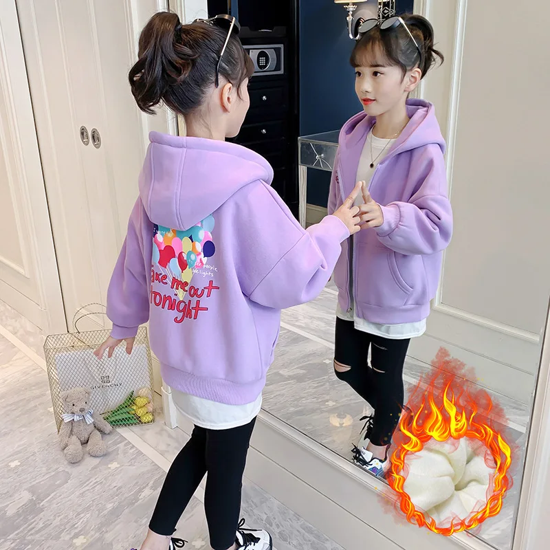 

Autumn Winter School Girl Plus Velvet Sweat Jacket Children Girl Zipper Hooded Casual Coats Junior Girl Thicekn Warm Jackets