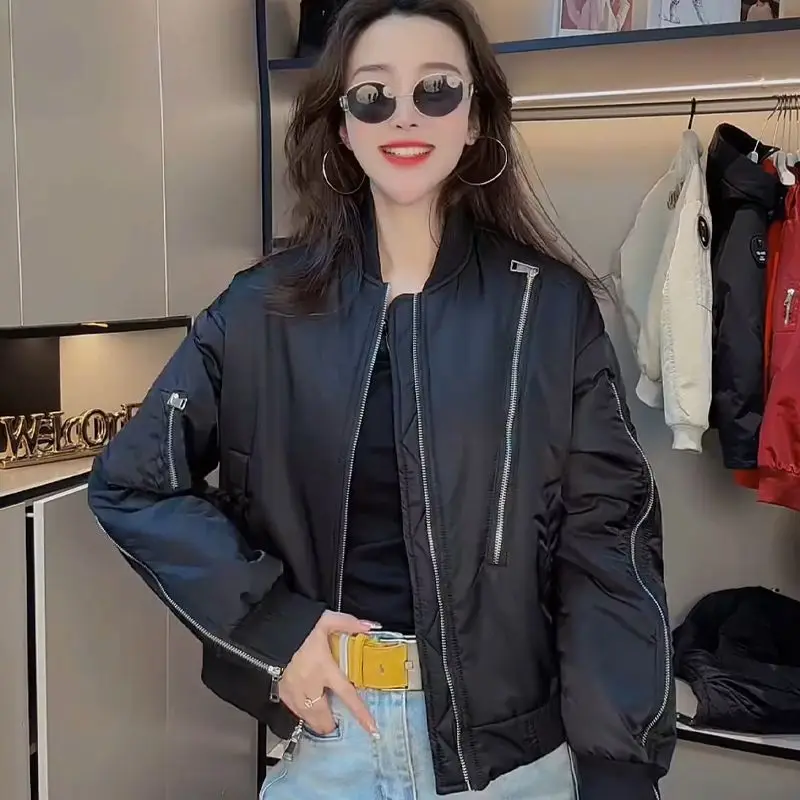 

High Quality Autumn Jacket Women Bomber Jackets Zipper Sweatshirt Baseball Jersey Long Sleeves Short Tops Black Coat Loose New