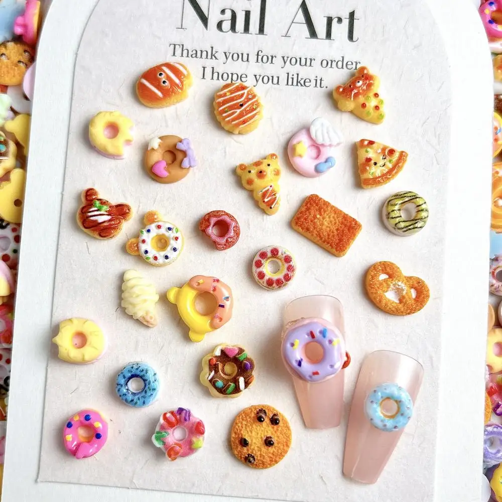 Cute Simulated Donut Resin Nail Charms Cartoon Funny Smiling Face Pizza Bear Ice-cream Nail Art Decorations DIY Manicure Designs