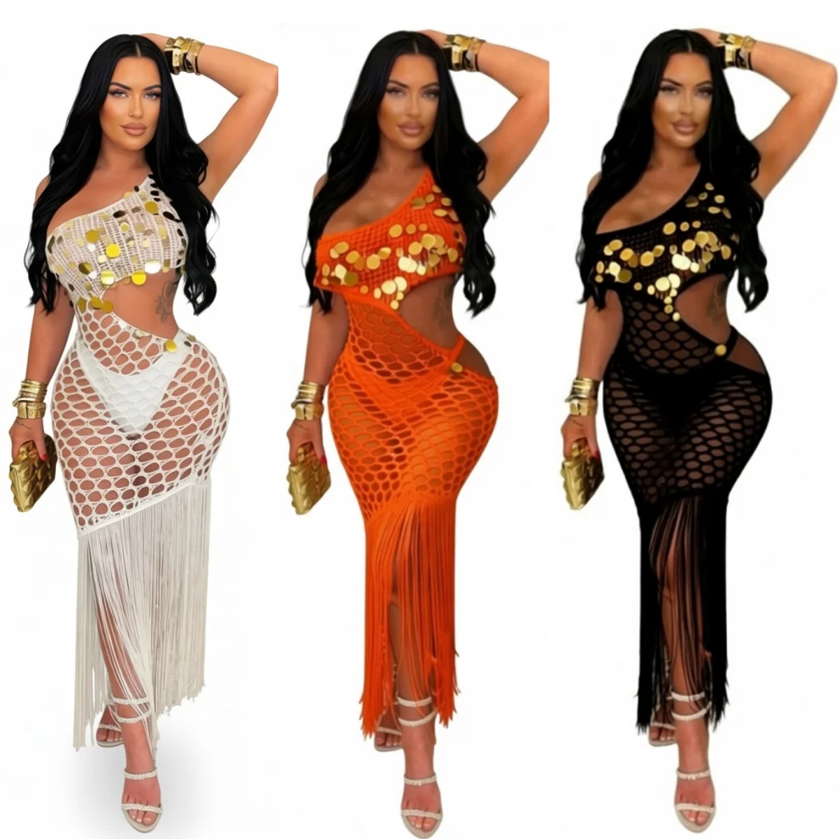 

European and American Summer New Style Knitted Hand-Crocheted See-Through Sequin Tassel Tie Beach Dress Irregular Women's Dress
