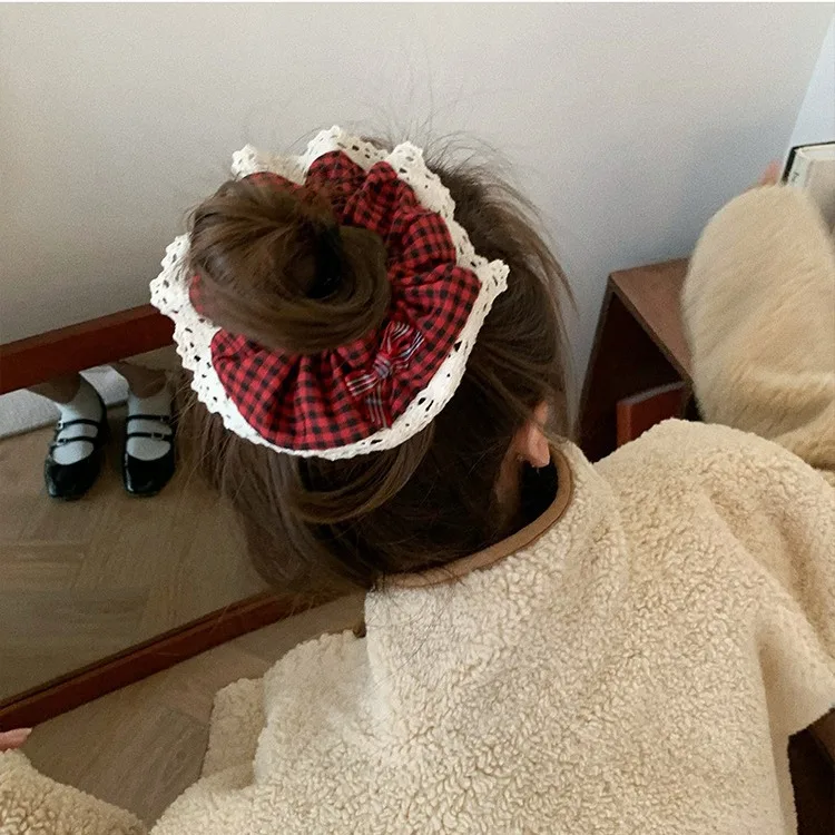 Retro czerwona seria krata Bowknot pluszowe gumki do włosów kobiety delikatne gumki do włosów guma uchwyt na kucyk gumka akcesoria do włosów — zdjęcie 7